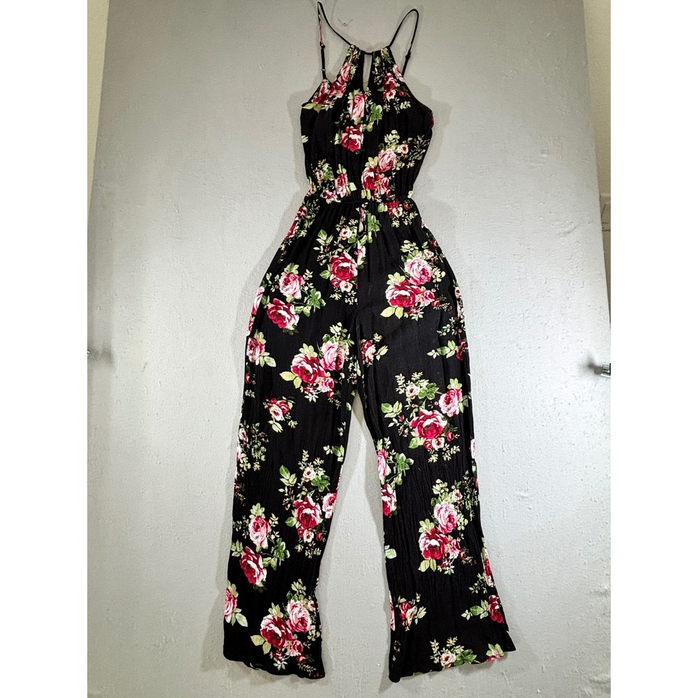 Ambiance Women Black Pink Floral Halter Jumpsuit Wide Leg Adjustable Straps M
